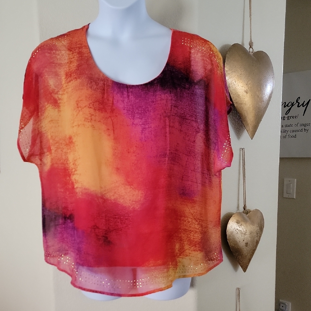 STYLE & CO Sheer Short Sleeve Boxy Blouse Multi Color size XL